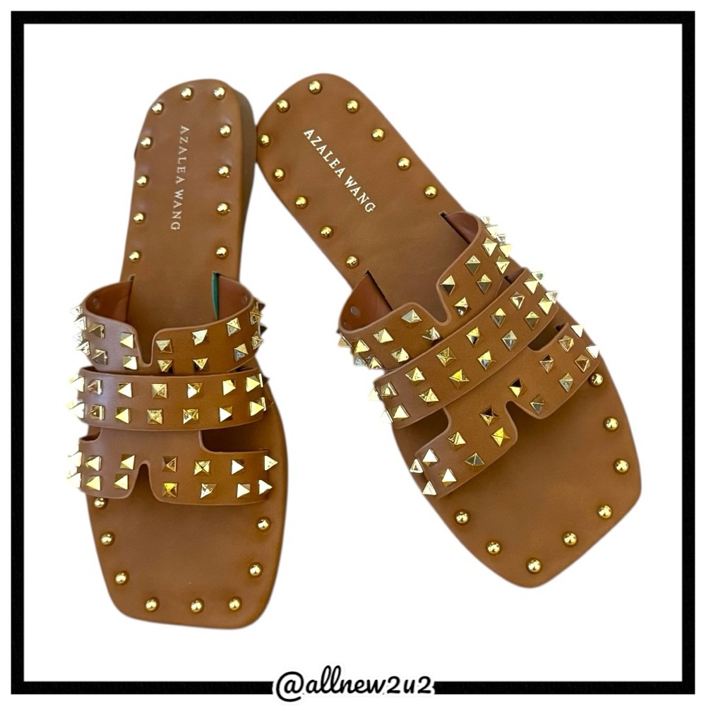 Azalea Wang Archer Gold Studded Sandals in Tan Size 7 - Picture 13 of 17